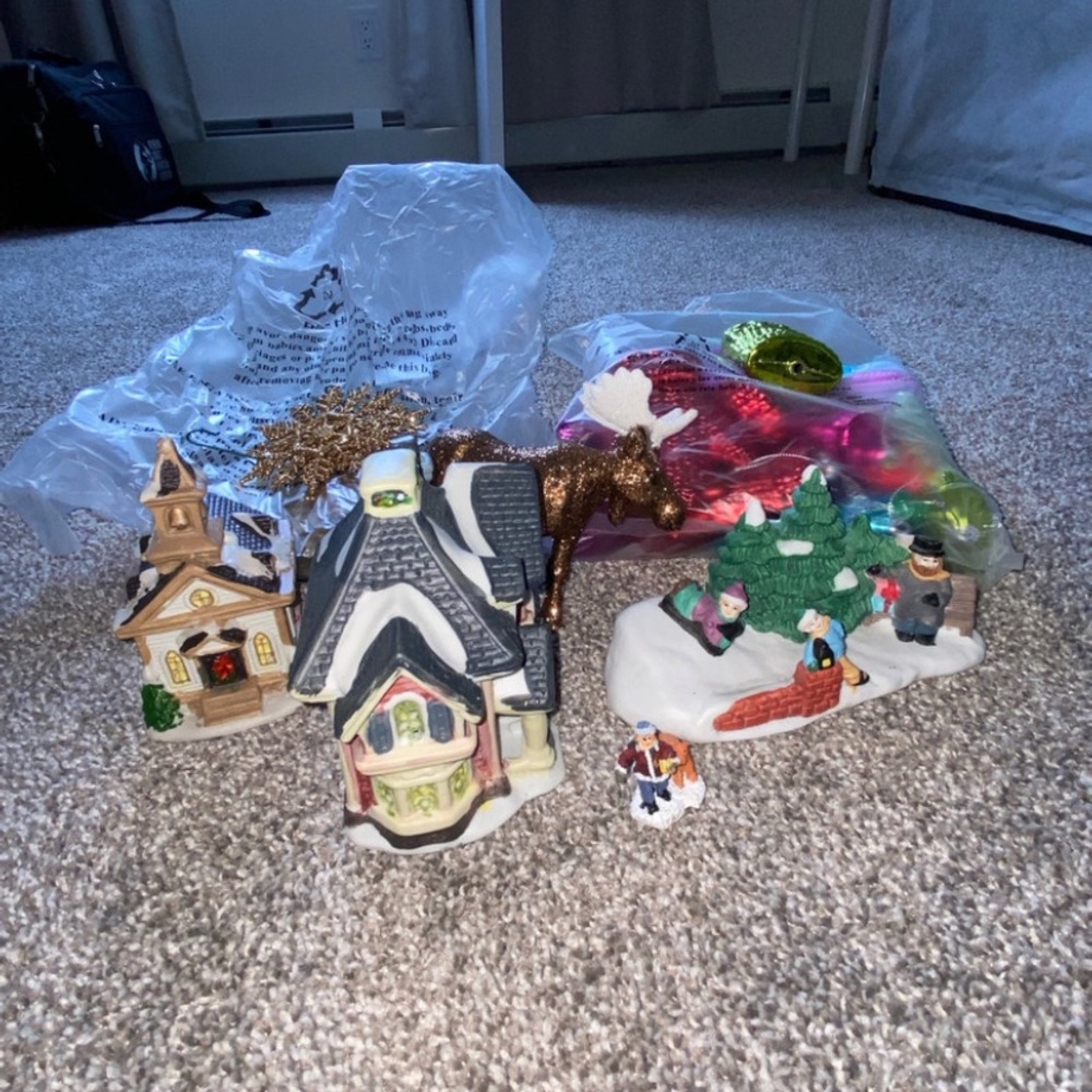 A chrismas village decor and figurine set